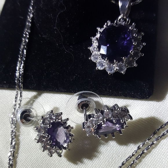 Amethyst & CZ Necklace & Earring Set NEW - Picture 1 of 4